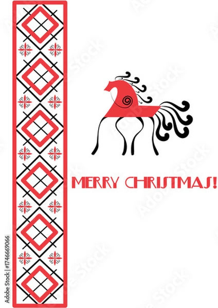 Fototapeta Christmas vector invitation card in folk art design with horse. Christmas graphic ornament in folklore style. Design illustration for cover, print, poster, wallpaper.