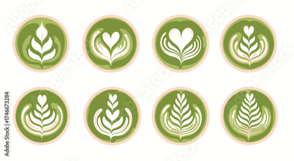 Fototapeta Vector Icons Set of matcha green tea latte art designs top view watercolor illustration. Vector Illustrations. EPS Editable