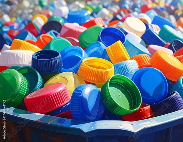 Obraz Colorful plastic bottle caps collected for recycling and environmental conservation