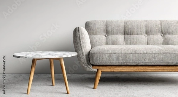 Fototapeta Minimalist Living Room Furniture, It shows a light gray sofa and a marble - topped side table. Great for interior design, home decor, or furniture showcase visuals.
