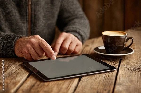 Fototapeta Using Tablet with Coffee, It shows a hand interacting with a tablet beside a cup of coffee. Great for work, lifestyle, or tech - related visuals.