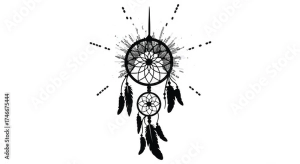 Fototapeta Dreamcatcher with radiating lines and feathers, symbolizing protection and good dreams.