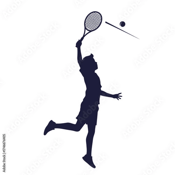 Fototapeta A dynamic silhouette illustration captures an athletic male tennis player mid-air, powerfully serving the ball with intense focus during a competitive match.