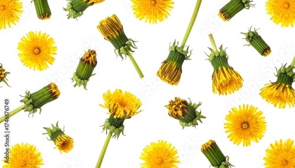 Fototapeta Dandelion Flowers Pattern on White Background with Yellow Blooms and Green Stems