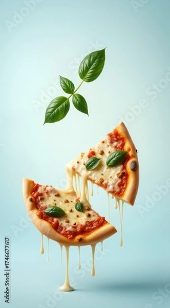 Fototapeta a slice of pizza with tomatoes and cheese on a blue background