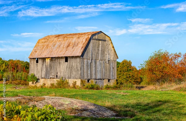 Obraz Fall colours and an old abandoned barn on a cold autumn morning near Westport, Canada