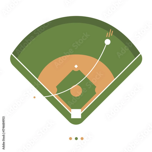 Fototapeta An illustrated aerial view of a classic green baseball diamond, showing a white ball in mid-flight, perfect for sports graphics and game-related designs.