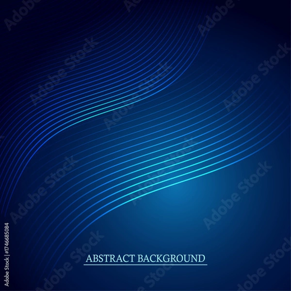Fototapeta Dynamic Abstract Digital Background with Two Bands of Luminous Blue Wavy Lines on a Dark Gradient