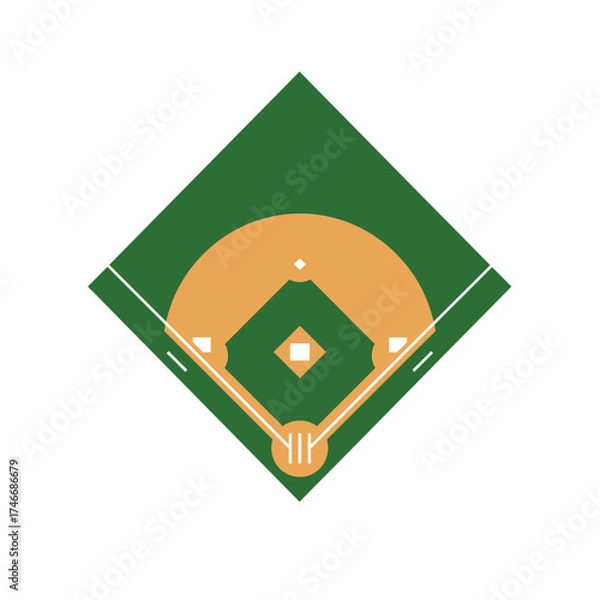 Fototapeta A clean, minimalist illustration showcasing a baseball diamond's infield, complete with bases and home plate on a vibrant green surface, ideal for athletic-themed designs.