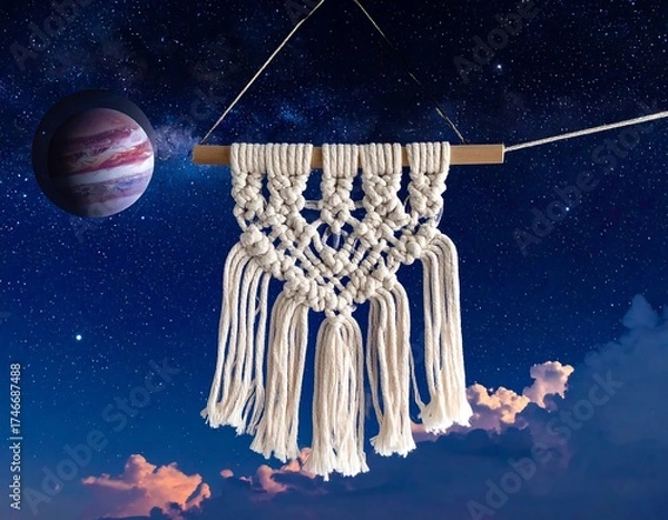 Fototapeta Decorative Macrame Hanging Against a Galaxy Background with a Planet