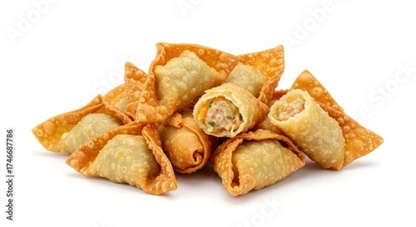 Obraz A pile of fried wontons some cut open revealing the filling on a white background