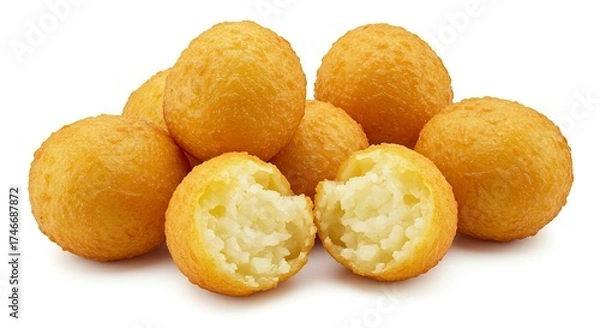 Obraz A pile of goldenbrown round fried potato balls with one split open revealing a fluffy white interior
