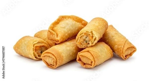 Fototapeta A pile of goldenbrown spring rolls some cut open to reveal the filling on a white surface