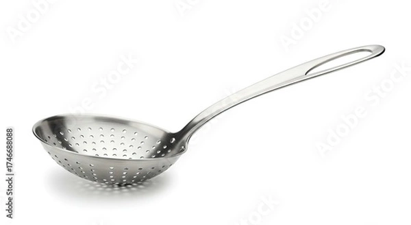 Obraz A shiny metal skimmer with a long handle and draining holes is displayed on a white background