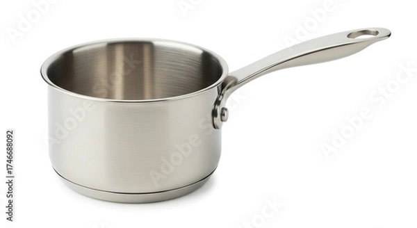 Obraz A shiny stainless steel saucepan sits on a white surface its handle extending to the right