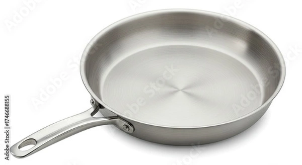 Fototapeta A silver metal frying pan is set on a white background with a handle extending to the left