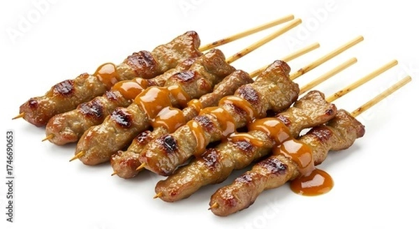 Fototapeta Six grilled meat skewers drizzled with sauce on a white surface