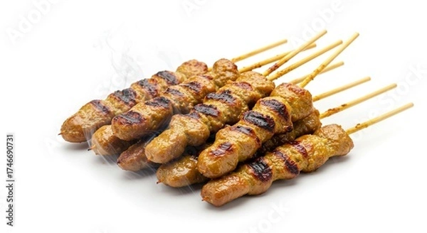 Fototapeta Skewered meat Rows of grilled light brown meat kebabs with dark grill marks rest on wooden sticks Some steam is visible