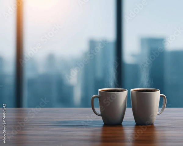 Fototapeta Know Customer Bonding Social Concept, Two coffee cups wooden table beside window overlooking city skyline know customer social bonding cozy modern