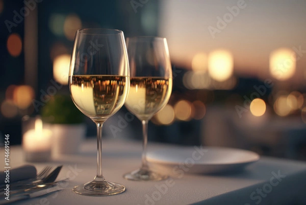 Fototapeta Know Customer Bonding Social Concept, White wine elegant glass table for social customer bonding with romantic candlelight dinner know dining