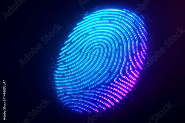 Fototapeta Close-up of a neon fingerprint with blue and pink light on a dark background glowing