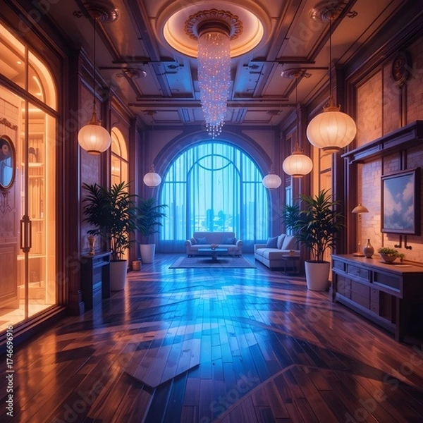 Fototapeta beautiful lighting interior, luxurious space, high-end space, elegant space, sophisticated space, digital art, AI Generative