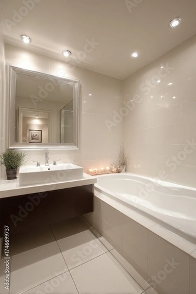Fototapeta Stylish Bathroom Scene Featuring a Picture Frame Above a Luxurious Bathtub in Toronto with Contemporary Lighting