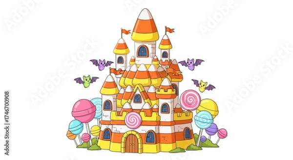Fototapeta Candy Corn Castle A Whimsical Illustration of a Halloween-Themed Fortress and Sweets