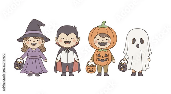 Fototapeta Four cute children in Halloween costumes: a witch, vampire, pumpkin, and ghost, ready for trick-or-treating.