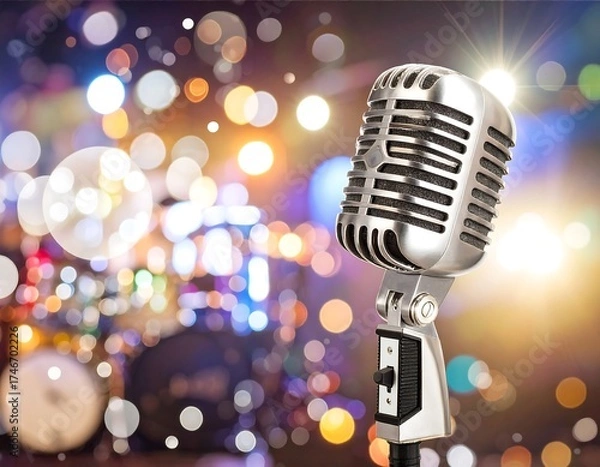 Obraz Vintage microphone on a stage with blurry lights and instruments