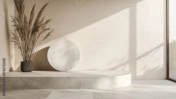 Obraz Minimalist beige room with display podium and pampas grass