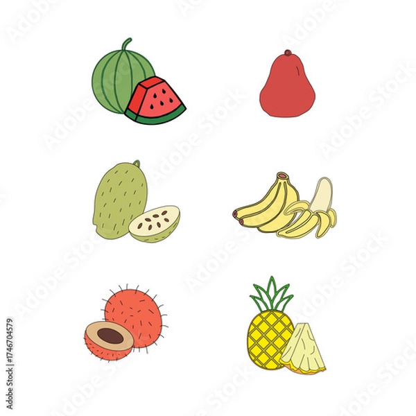 Obraz set of fruits. Tropical Essence Fruit Collection. Elegant Exotic Fruits Illustration. Pineapple Series Continuation Vector. Summer Freshness in Tropical Colors. Artistic Fruit Mix Flat Design. 