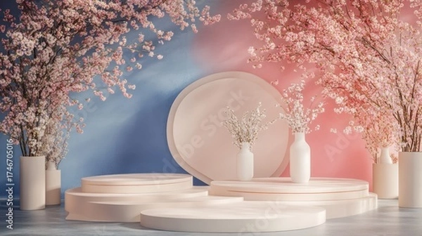 Obraz Pastel cherry blossom podium display background