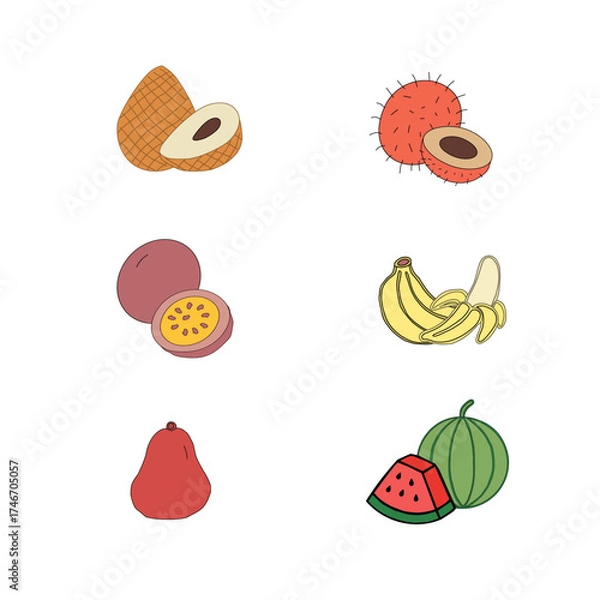 Obraz set of fruits. Tropical Essence Fruit Collection. Elegant Exotic Fruits Illustration. Pineapple Series Continuation Vector. Summer Freshness in Tropical Colors. Artistic Fruit Mix Flat Design. 