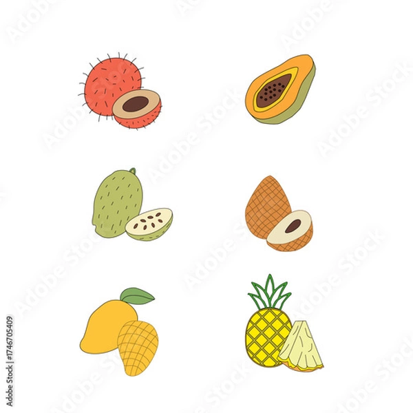 Obraz set of fruits. Tropical Essence Fruit Collection. Elegant Exotic Fruits Illustration. Pineapple Series Continuation Vector. Summer Freshness in Tropical Colors. Artistic Fruit Mix Flat Design. 