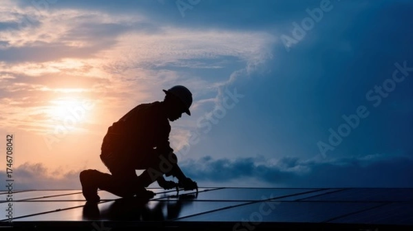Fototapeta Technology solar cell, Engineer service check installation solar cell on the roof of factory on the morning. Silhouette technician inspection and repair solar cell on the roof of factory.