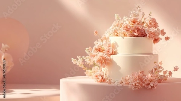 Obraz Elegant wedding cake with flowers on pastel background.  Possible use Romantic stock image for weddings or celebrations