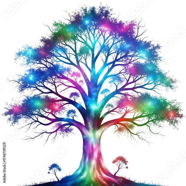 Fototapeta Enchanting rainbow tree glowing with magical lights forest scene