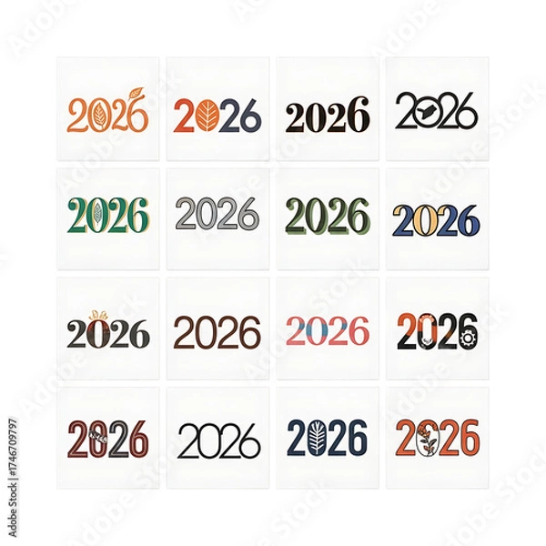 Fototapeta Multiple artistic renderings of the year 2026 in various creative fonts and styles
