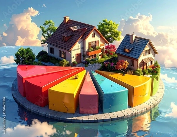 Obraz Conceptual Diagram of Housing Market Analysis with Colorful Pie Chart and Houses