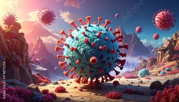 Obraz Conceptual Illustration of a Coronavirus with a Landscape Backdrop