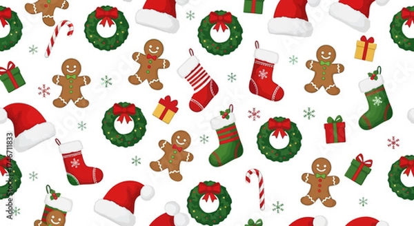 Fototapeta Festive Christmas pattern with holiday icons like gingerbread man, wreaths, santa hats, and stockings, white background