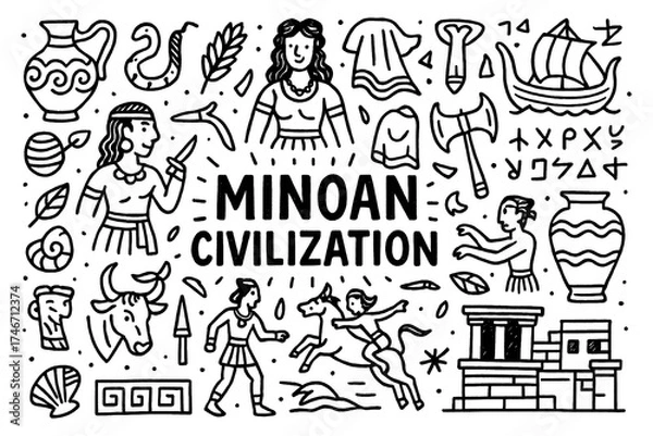 Obraz Minoan civilization doodle set with palace, bull, dolphins, pottery, labyrinth, and ancient symbols, Transparent Background