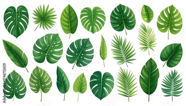 Fototapeta Assorted illustrations of detailed tropical foliage, depicting various shapes and styles of vibrant green leaves with intricate veins