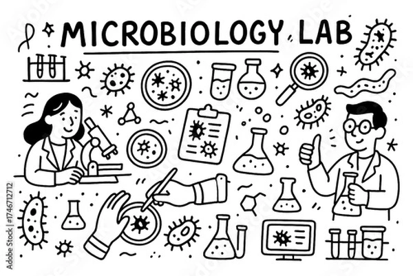 Fototapeta Microbiology lab doodle with scientist, bacteria, and laboratory equipment icons, Transparent Background