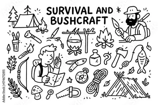 Fototapeta Survival and bushcraft doodle with camping, tools, and outdoor adventure icons, Transparent Background