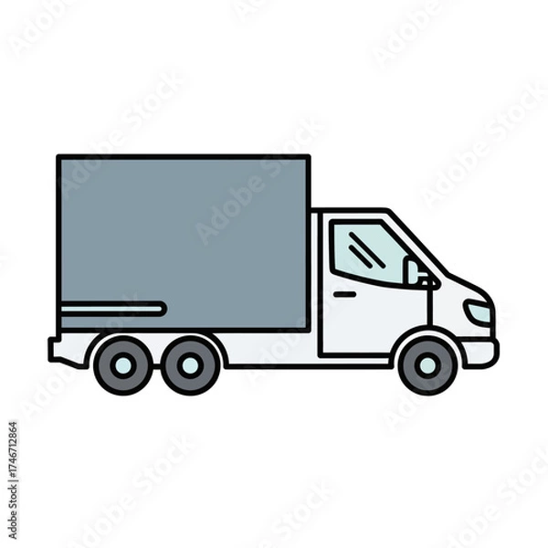 Fototapeta Illustration of a white delivery truck with a gray cargo box, side view, isolated.