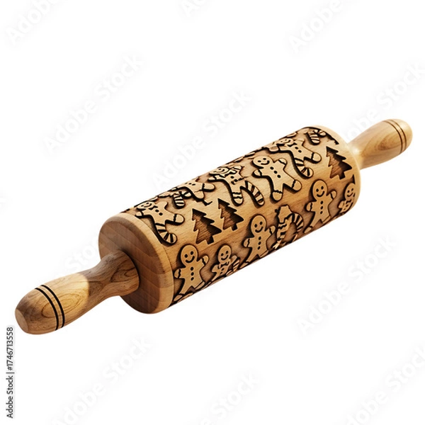 Fototapeta Engraved wooden rolling pin with festive holiday cookie dough embossing patterns for baking