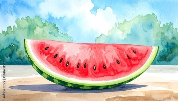 Fototapeta Watercolor slice of watermelon on a sunny day