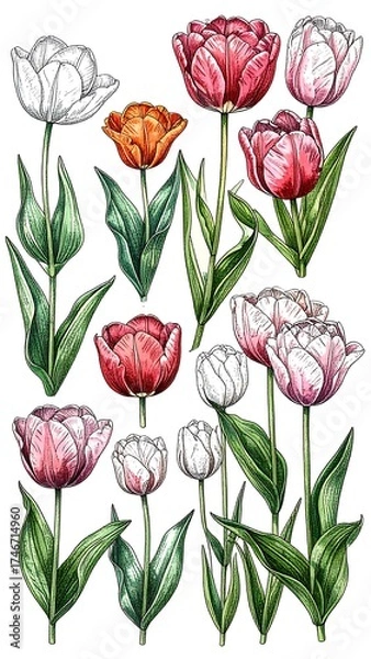 Fototapeta Watercolor tulips in various colors